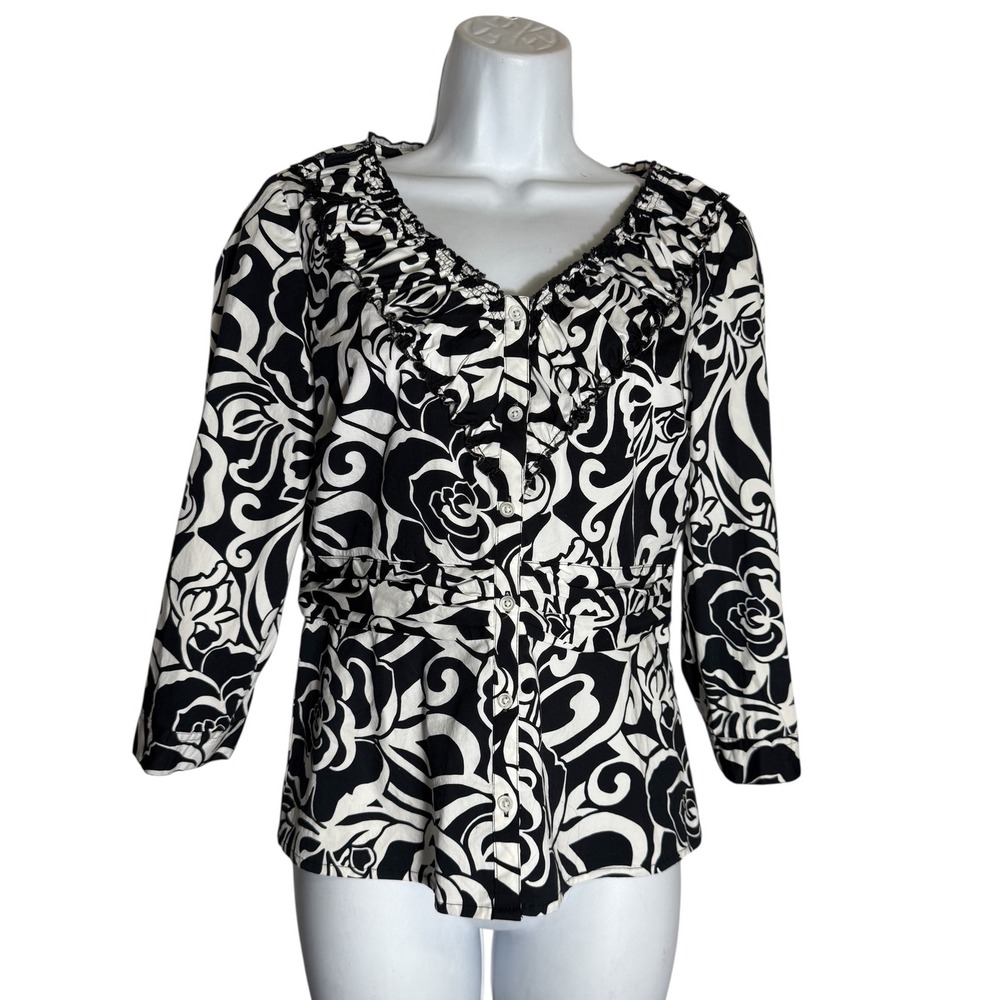 Ann Taylor Top Size 2 Women's Black &‎ White Floral Print Sleeveless Blouse Top